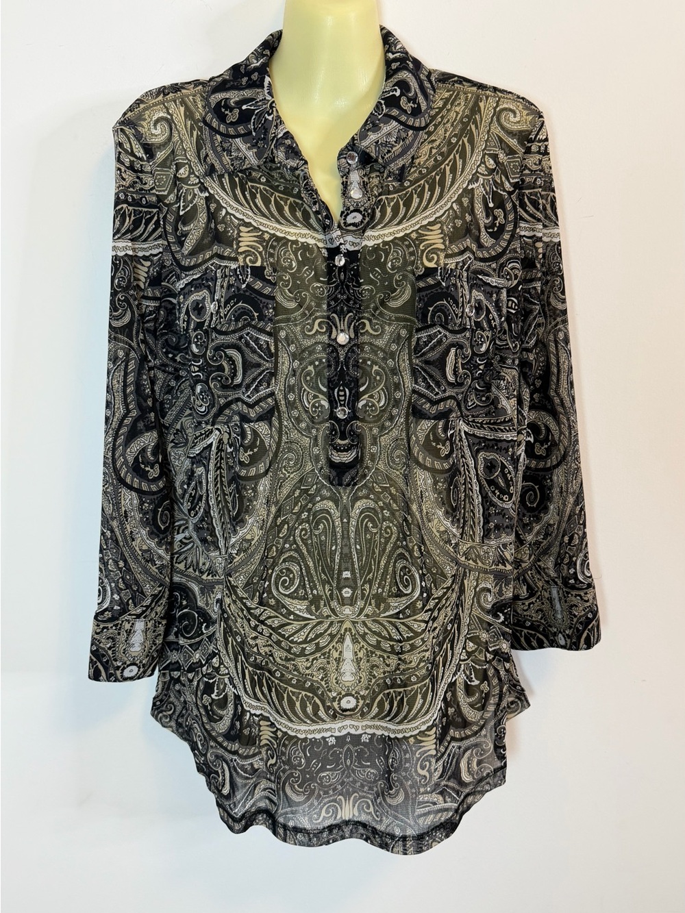 INC Sheer Black and White Paisley Button Down